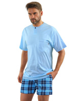 Sesto Senso Herren Schlafanzug Set – Bequeme Baumwolle, Kurzarm T-Shirt und Kurze Hose mit Madras Karo, Atmungsaktiv, Praktische Taschen, Blau, Für Männer, Europäische Qualität