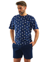 Sesto Senso Herren Pyjama Set – Kurzer Ärmel & Shorts, 100% Baumwolle, Komfort & Stil, Madras Karo, Ideal für Sommernächte, Farbe: Jeans/Orange, Hochwertige EU-Produktion, Praktische Taschen, Atmungsaktiv, Größe M-XXL